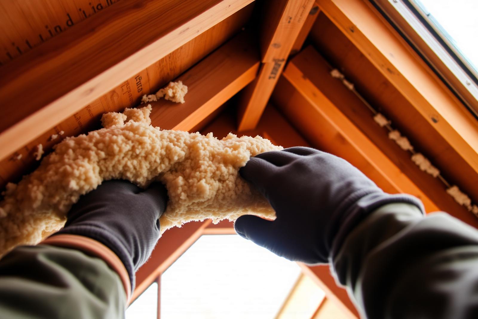 Pose d'isolation en laine minérale dans les combles d'une maison lors de travaux de rénovation énergétique